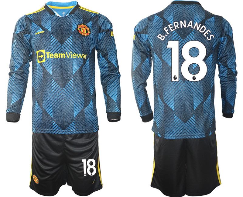 Men 2021-2022 Club Manchester united second away blue Long Sleeve #18 Soccer Jersey->manchester united jersey->Soccer Club Jersey